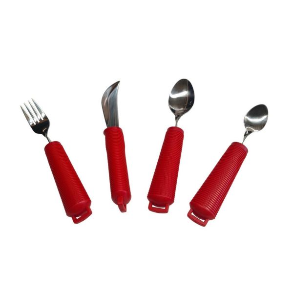 Red bendable cutlery set: fork, knife, table spoon & teaspoon